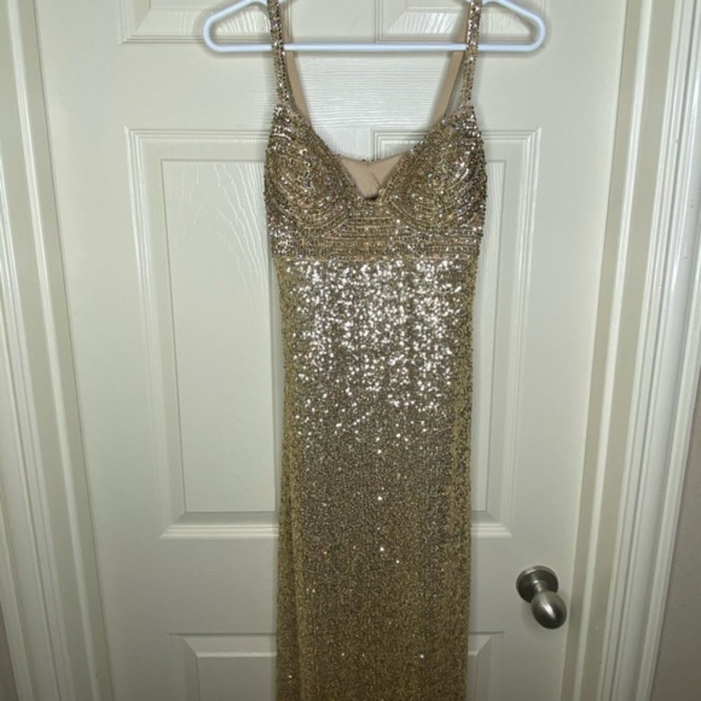 La Femme Gold Beaded Gown